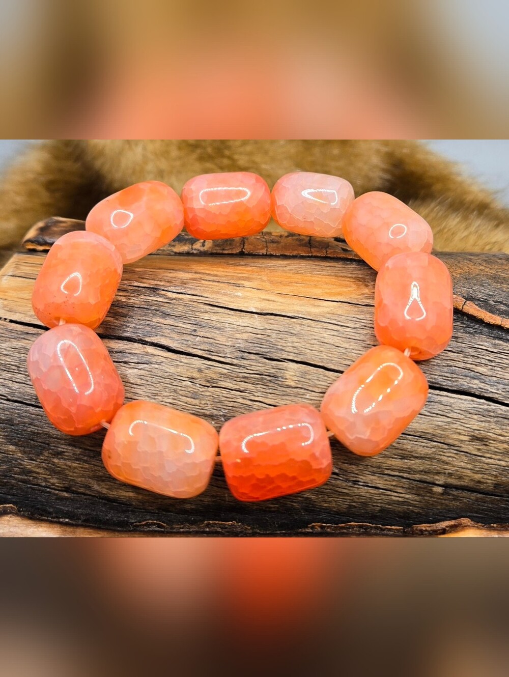Snakeskin Agate or Carnelian Stone Stretch Bracelet Chunky Sz 6 - 6½